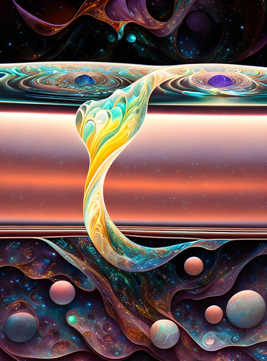 Cosmic fractal art with swirling patterns and spheres in warm and cool colors