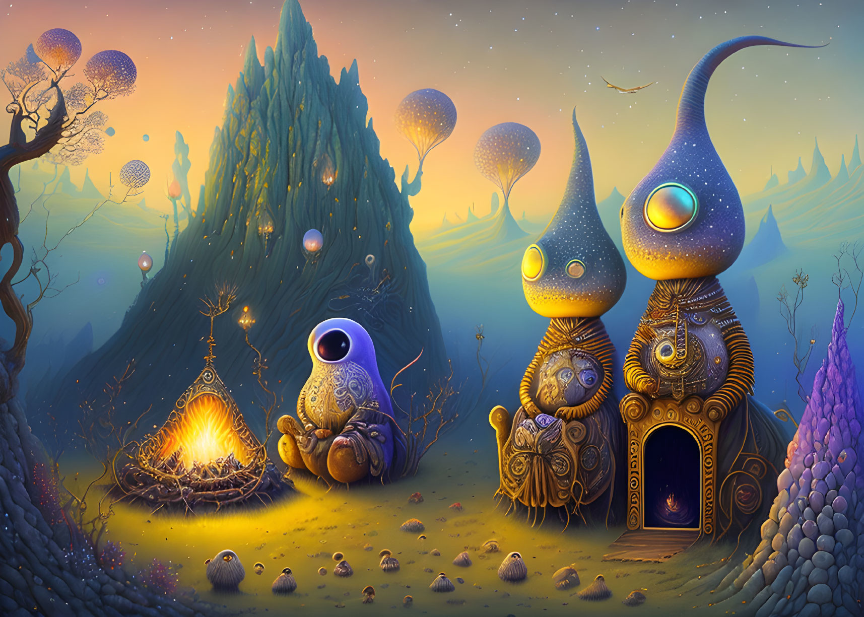 Colorful Alien Landscape with Mushroom Houses and Campfire