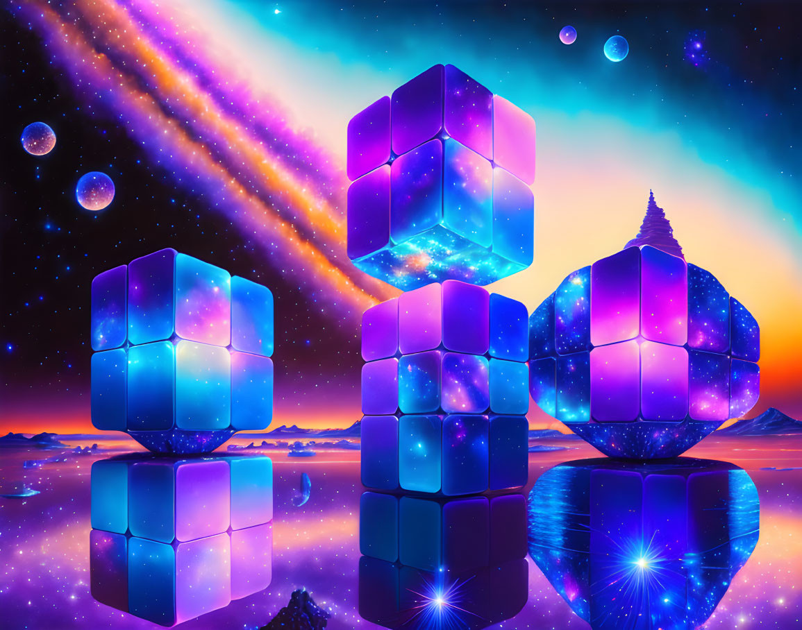 Surreal landscape featuring glowing floating cubes and cosmic elements