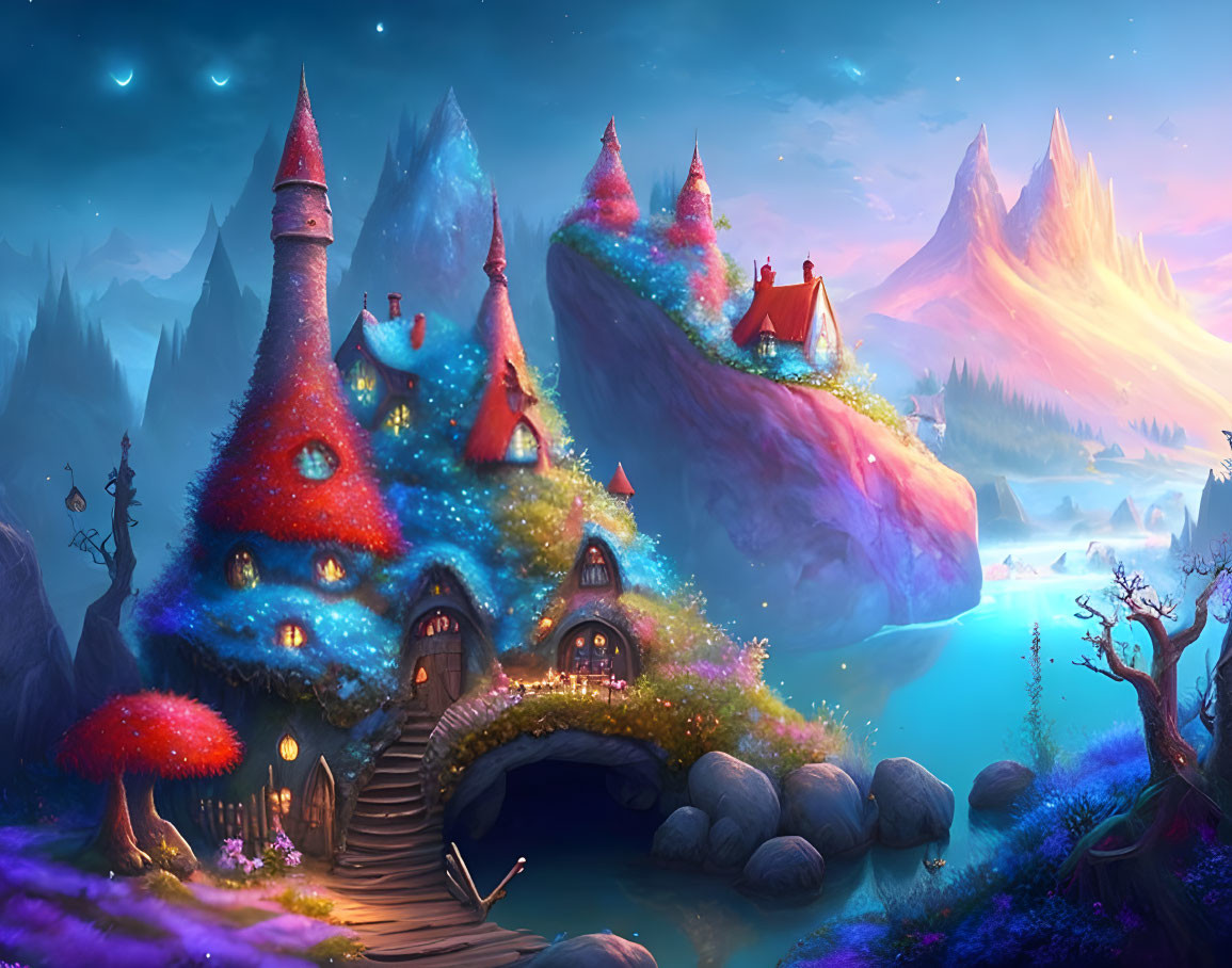 Fantasy landscape digital artwork with glowing mushroom houses on floating rock