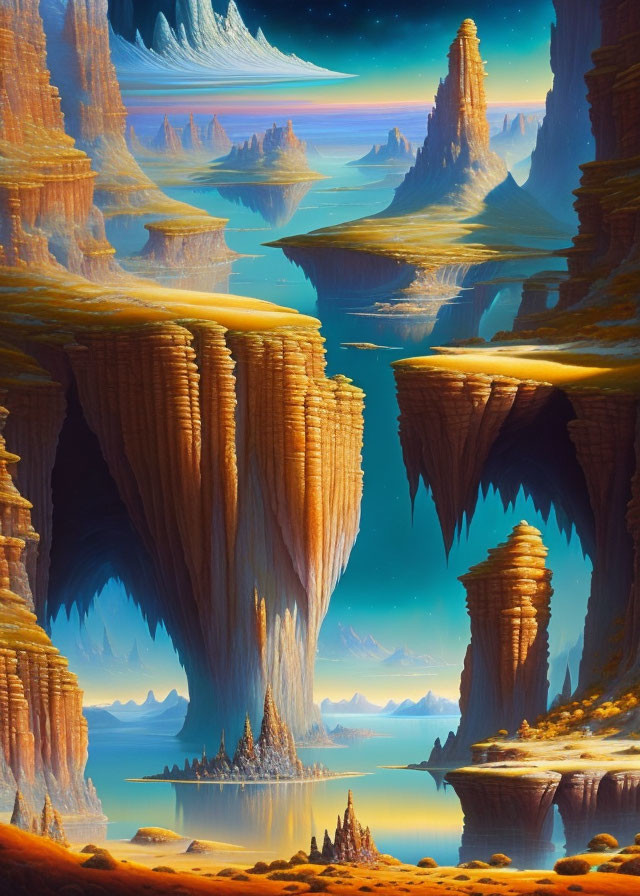 Vibrant digital artwork of alien landscape with rock formations & serene water