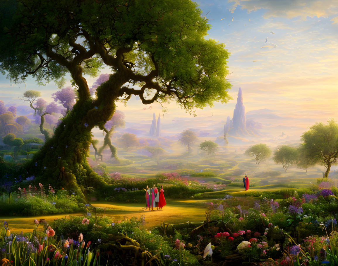 Colorful Fantasy Landscape with Tree, Flowers, Figures, and Spires