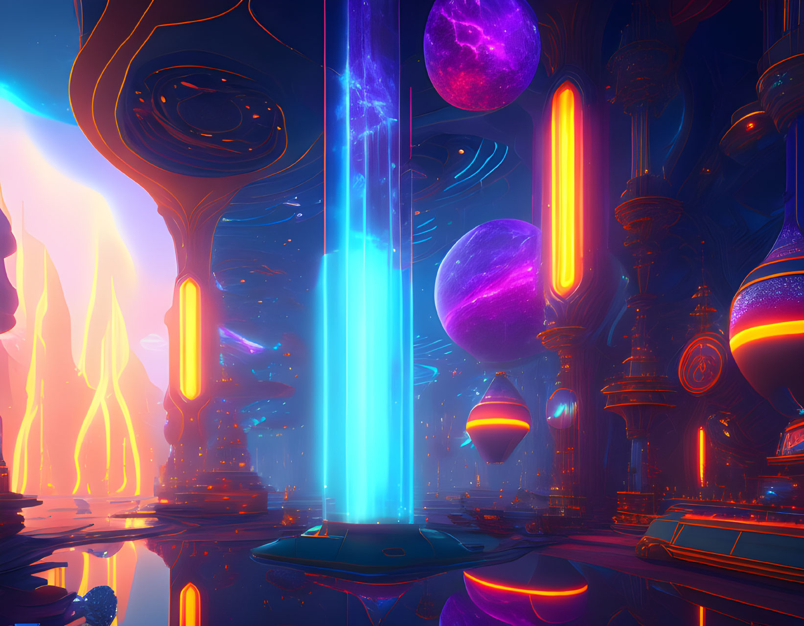 Futuristic cityscape with neon lights and floating planets