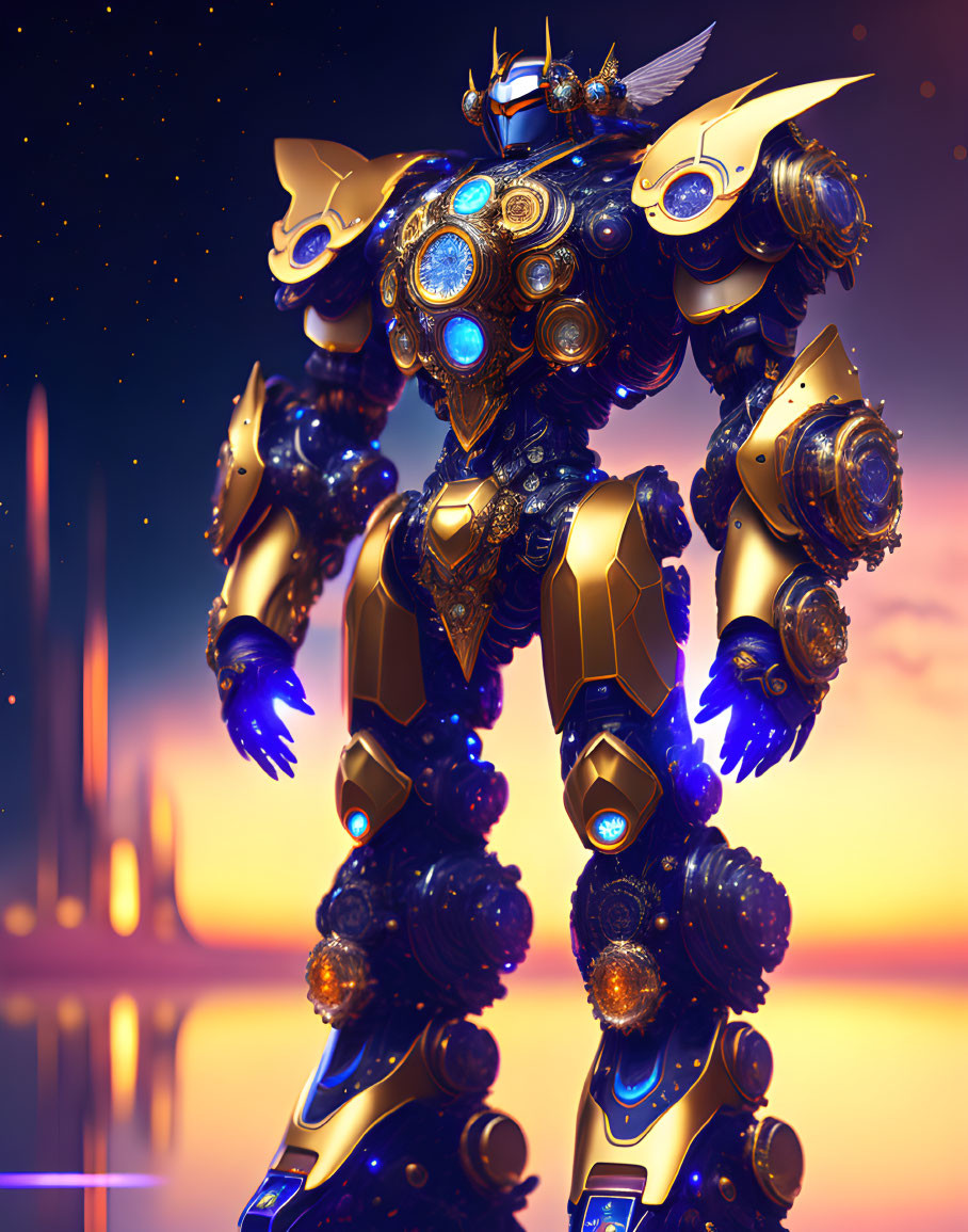 Detailed Futuristic Robot in Blue and Gold Armor Against Evening Sky