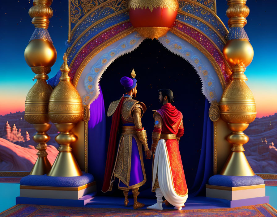 Animated characters in royal attire on balcony with Arabian architecture.