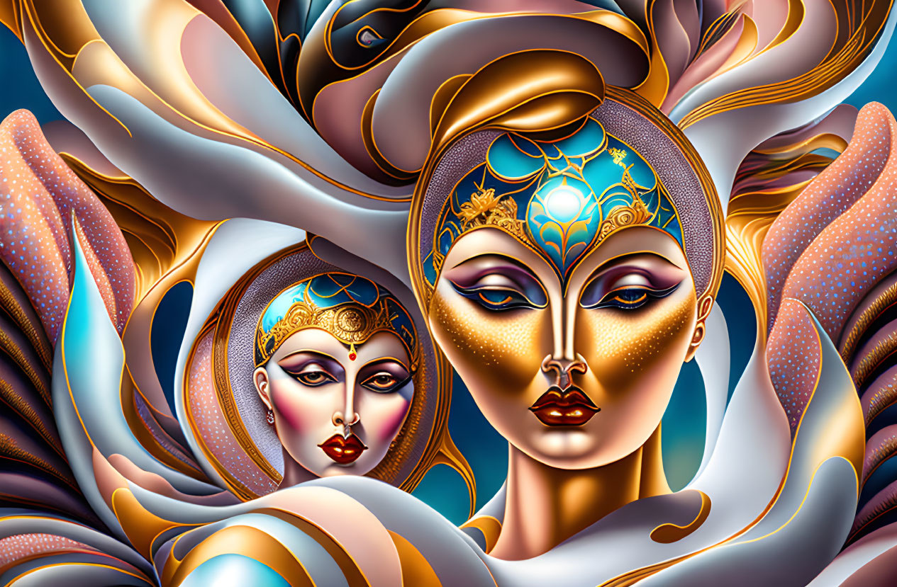 Digital Art: Vibrant Female Faces with Golden Headpieces