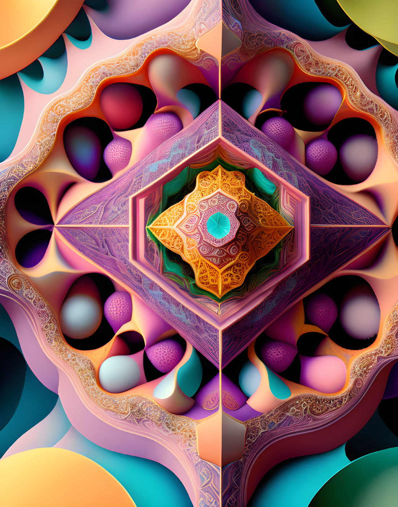 Colorful 3D Fractal Image with Symmetrical Design and Floating Spheres