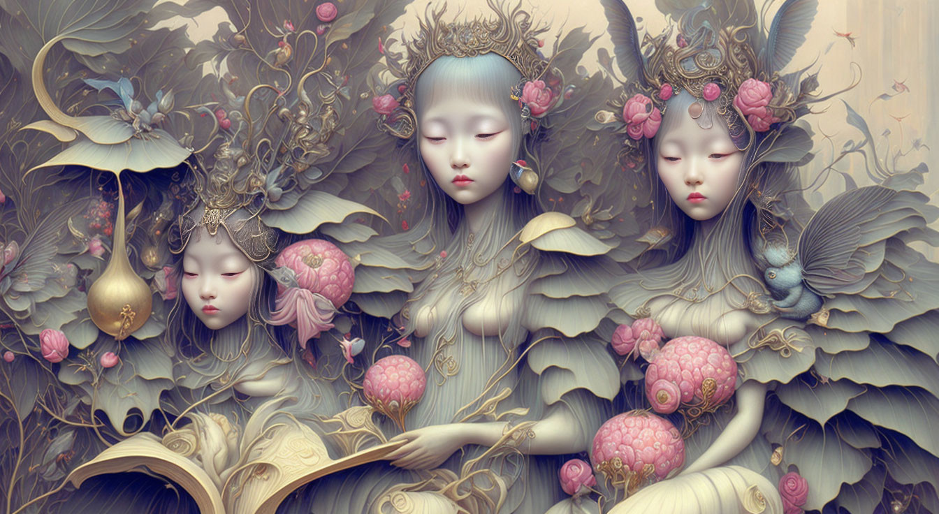 Ethereal female figures with elaborate headpieces in digital artwork