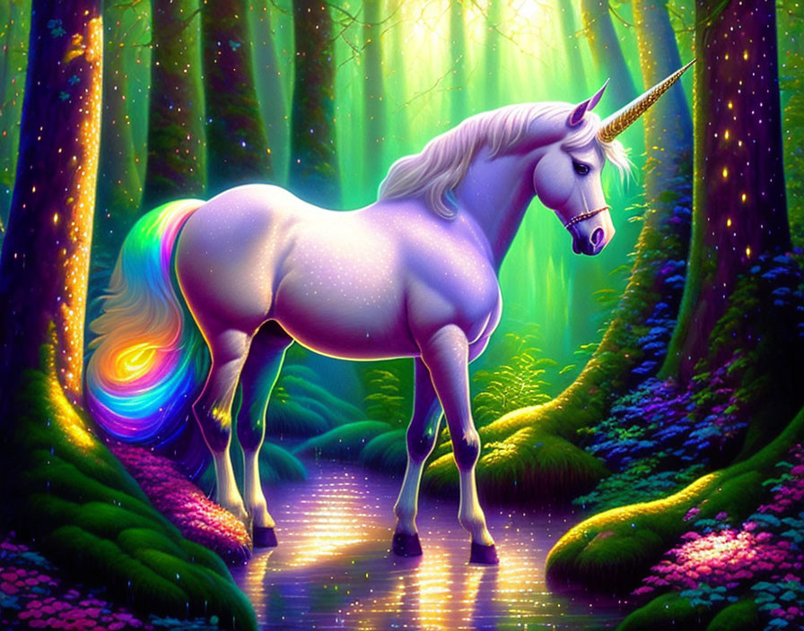 Majestic unicorn in enchanted forest with vibrant lighting