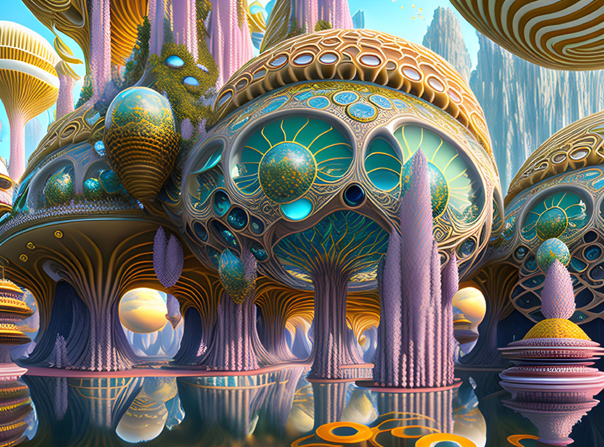 Alien landscape with mushroom-like structures and pastel hues