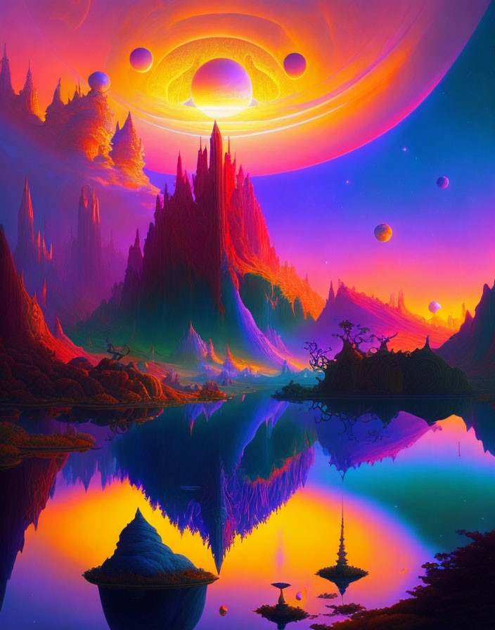 Colorful surreal landscape with multiple suns and moons, reflective lake, and celestial bodies