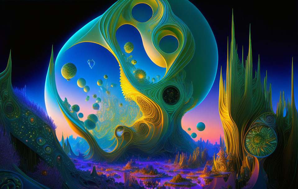 Colorful Fractal Landscape with Swirling Patterns and Spheres