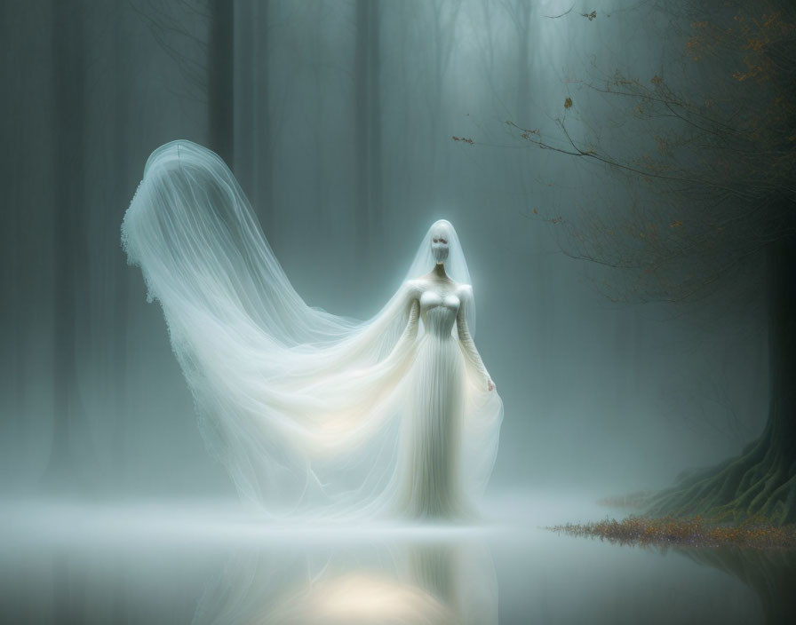 Ethereal figure in white amidst misty forest landscape