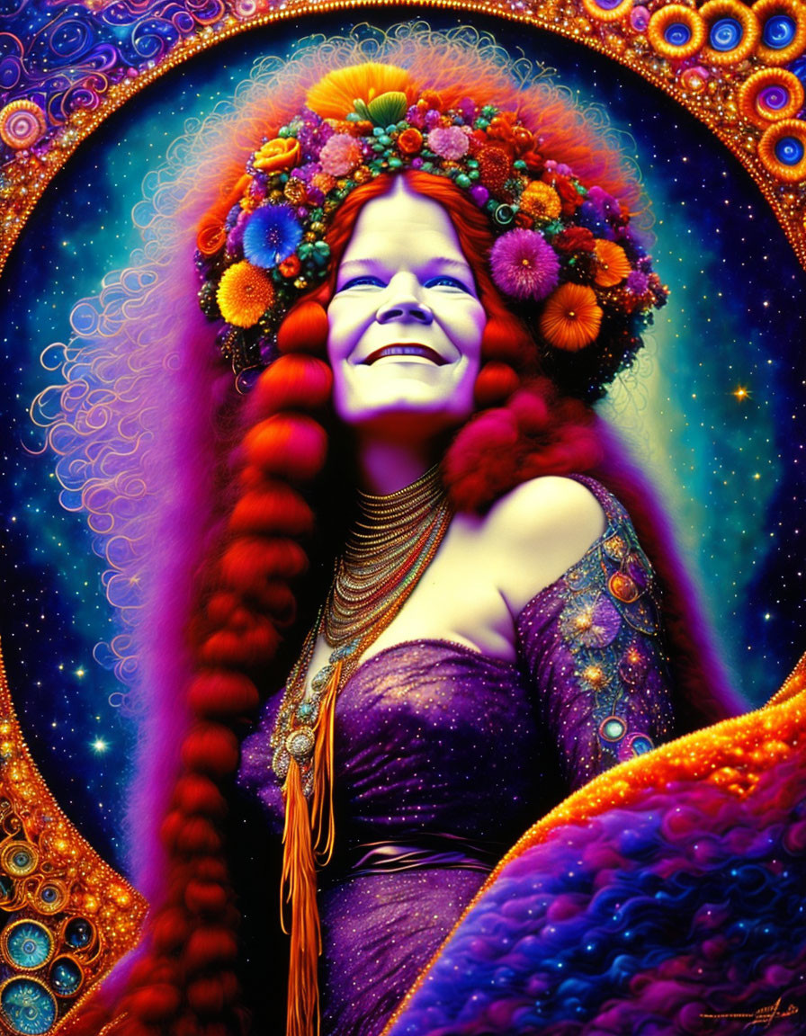 Colorful portrait of a woman with floral headpiece and red braid in cosmic setting