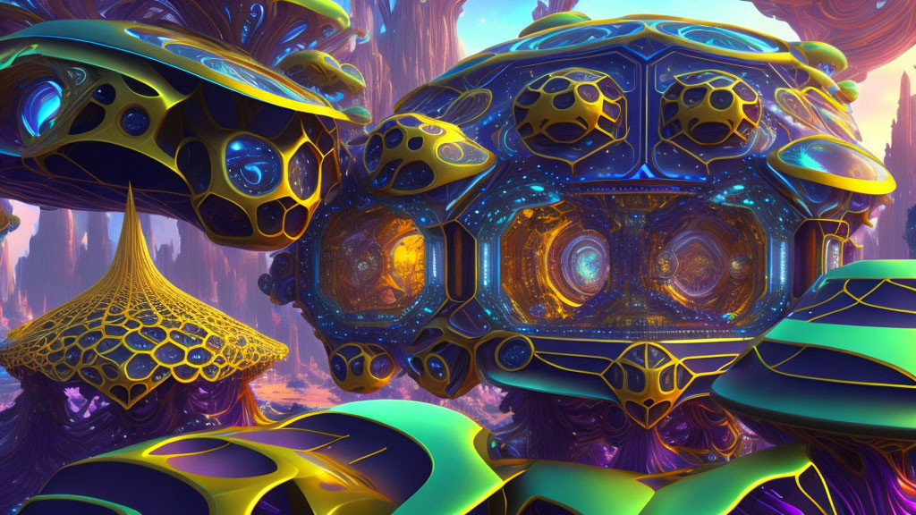 Surreal landscape with mushroom-like structures and glowing sphere