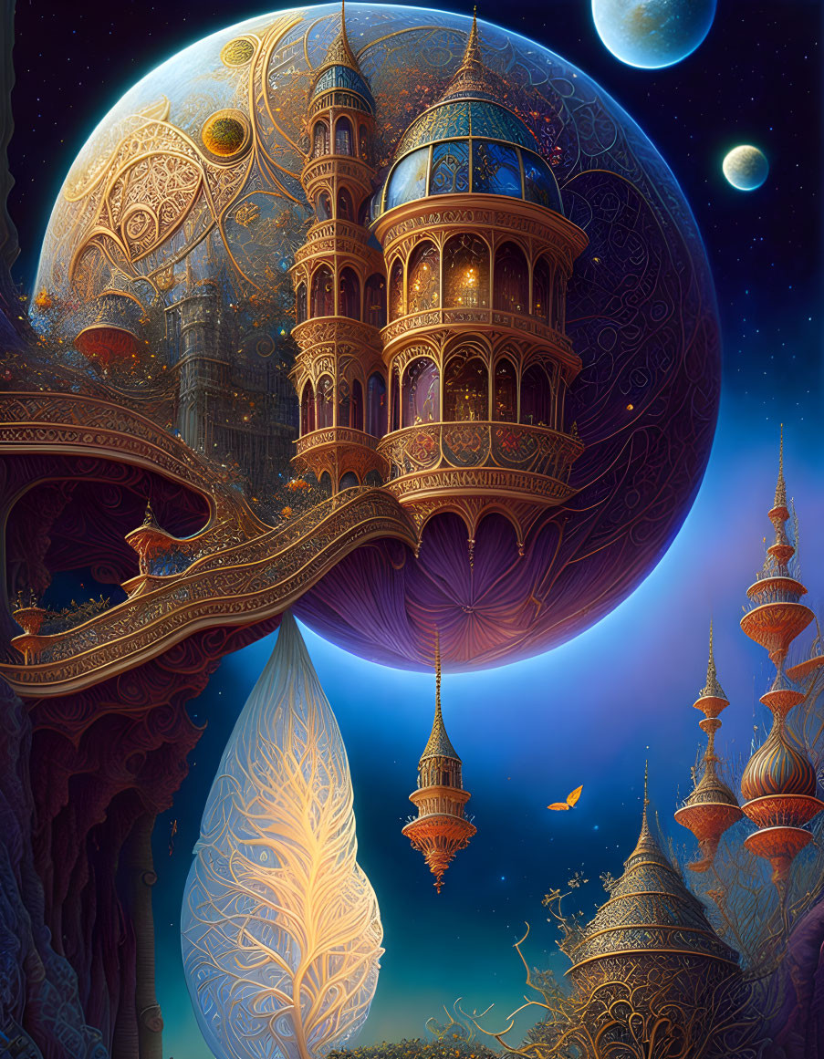 Fantastical floating city with Middle Eastern architecture in night sky