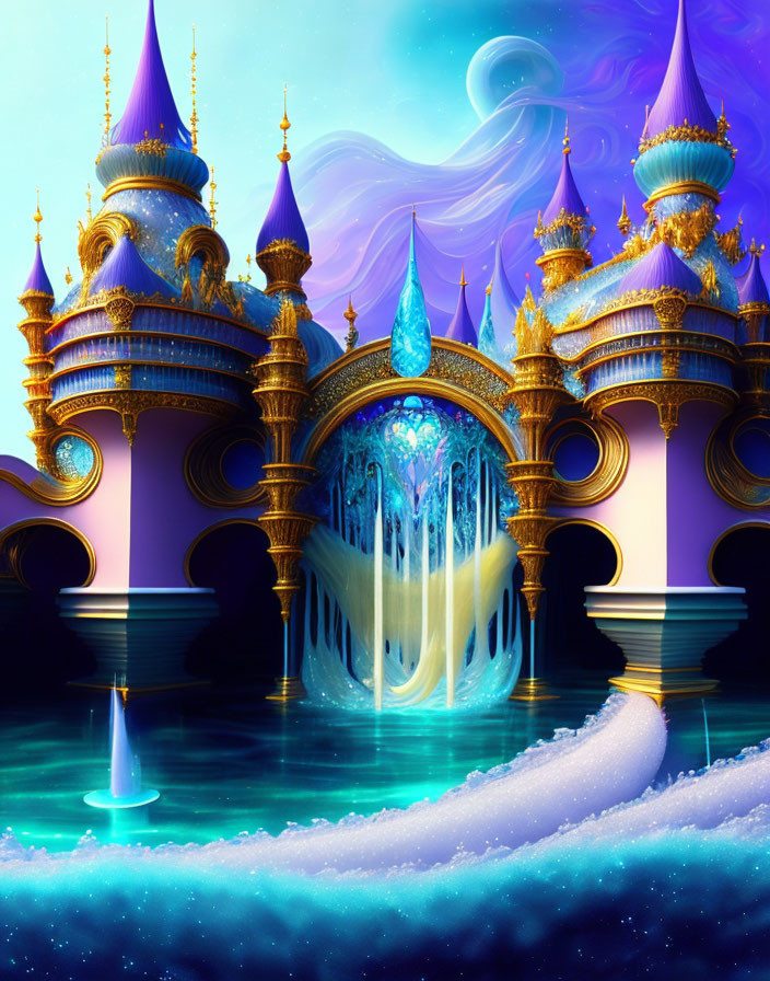 Fantasy Castle with Waterfalls and Dreamy Sky