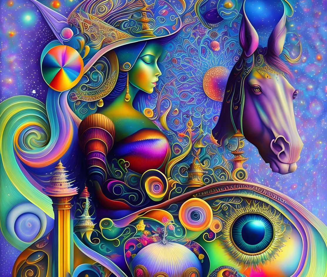 Colorful Artwork: Stylized Woman, Horse, and Cosmic Patterns