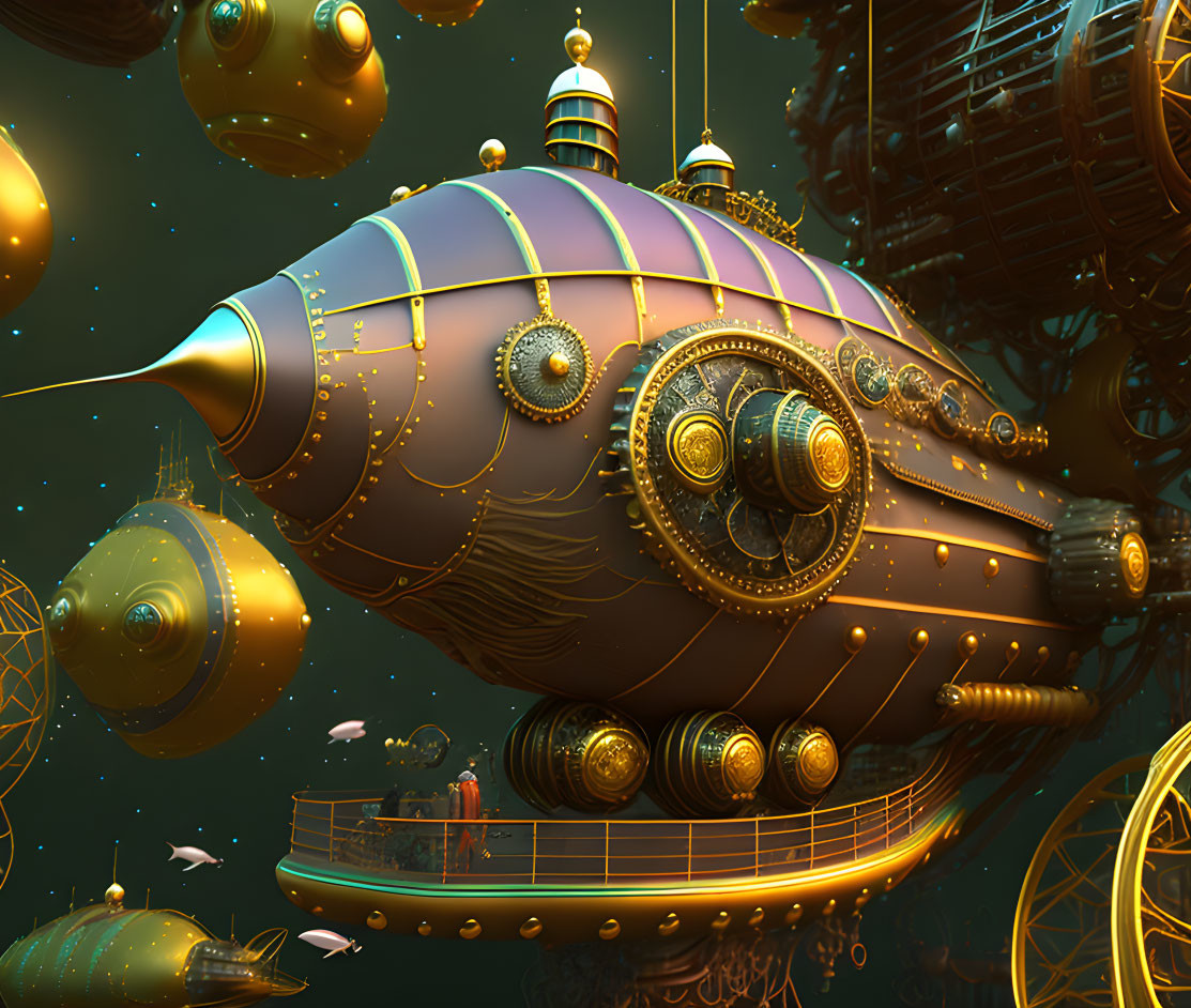 Detailed Steampunk-Style Submarine Illustration with Golden Accents