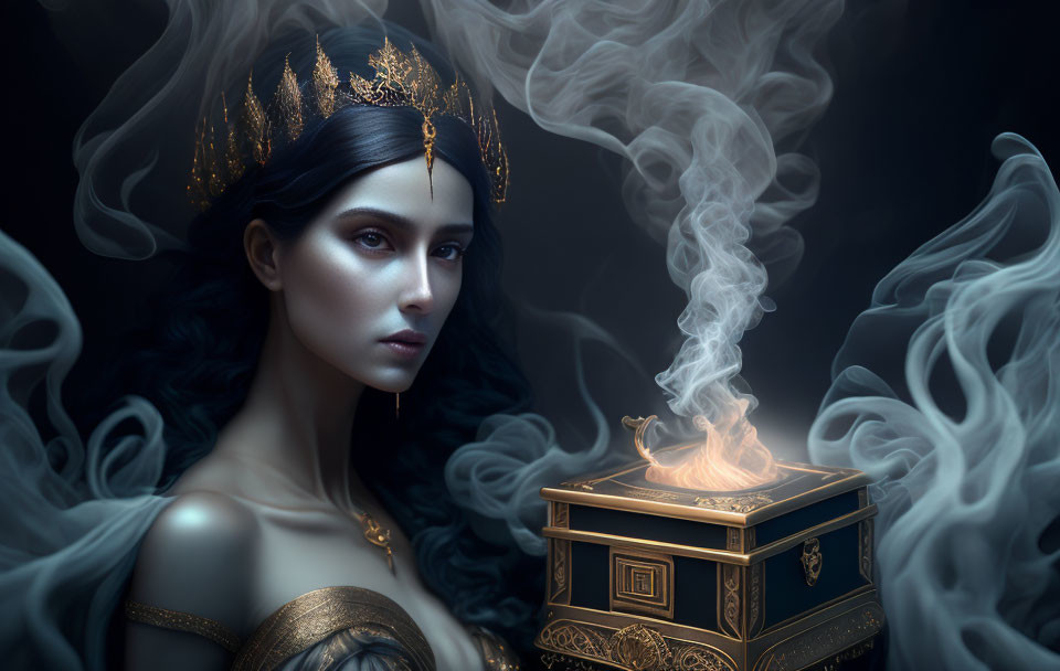 Dark-haired woman with golden crown and swirling smoke in front.