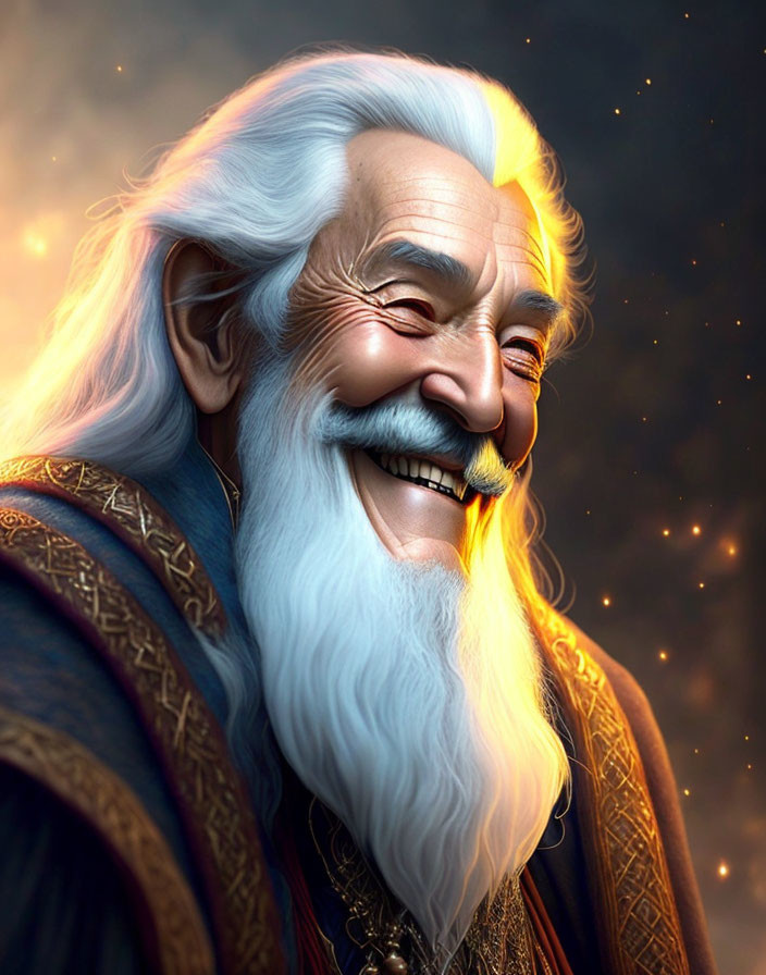 Elderly Bearded Man in Blue and Gold Robe on Starry Background