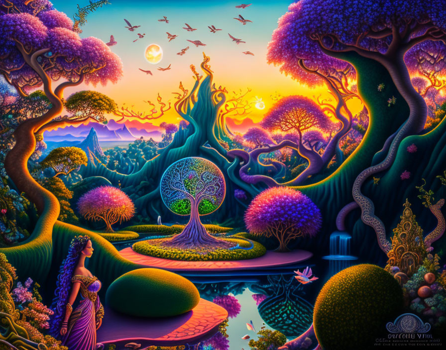 Colorful Trees, Woman in Flowing Dress, and Whimsical Creatures in Twilight Scene