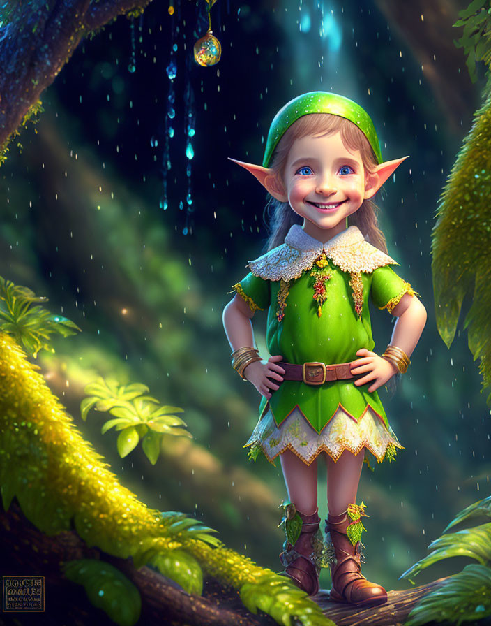 Young elf in green outfit on tree branch in enchanted forest