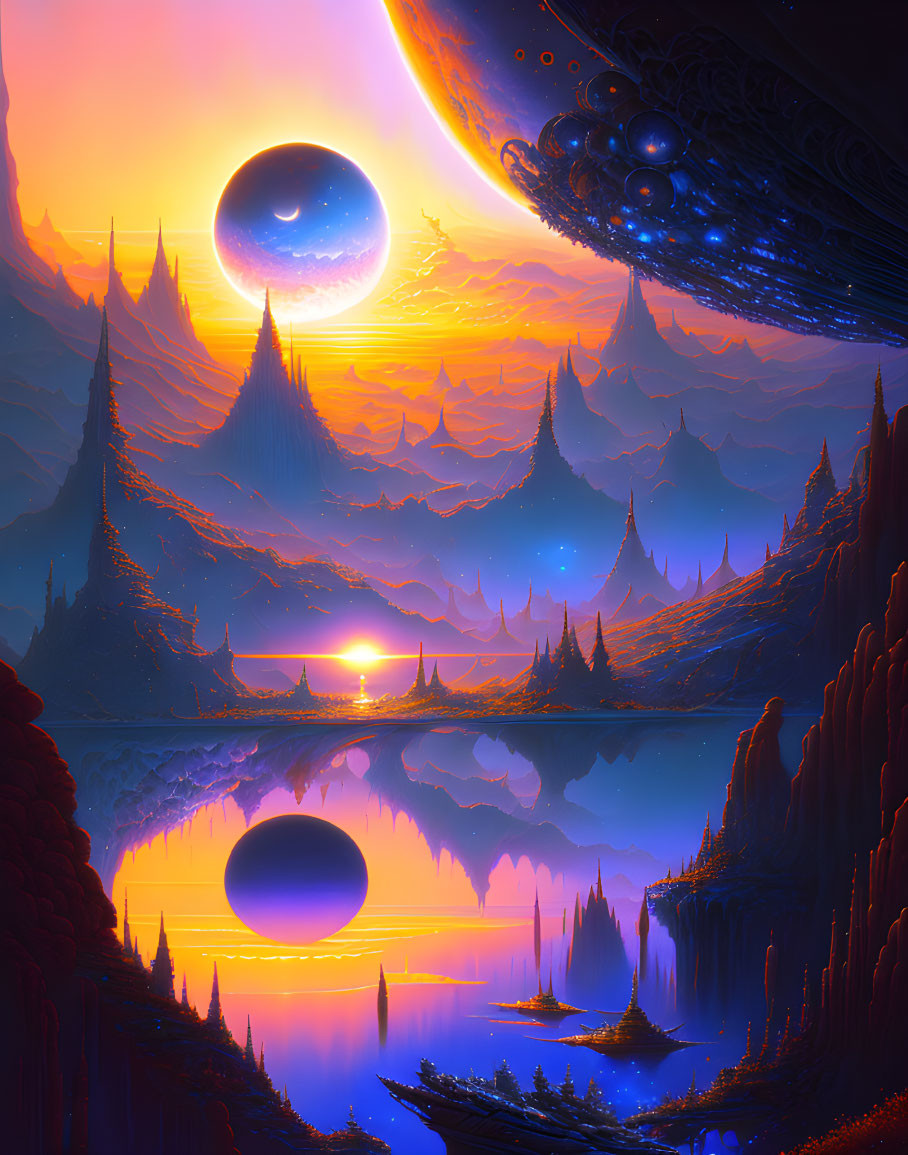 Fantastical landscape with towering spires and celestial bodies.