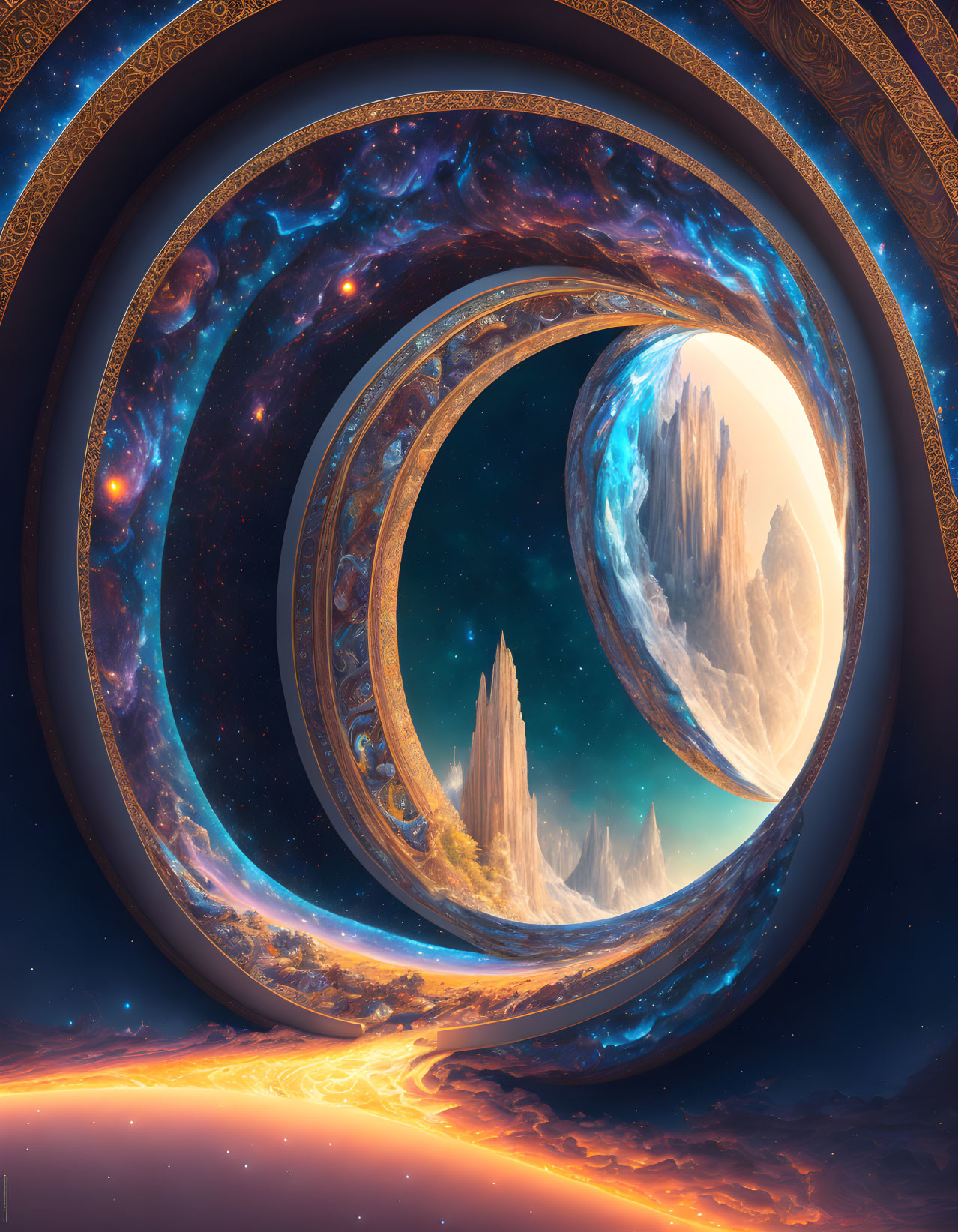 Surreal cosmic landscape with intertwined rings and golden borders