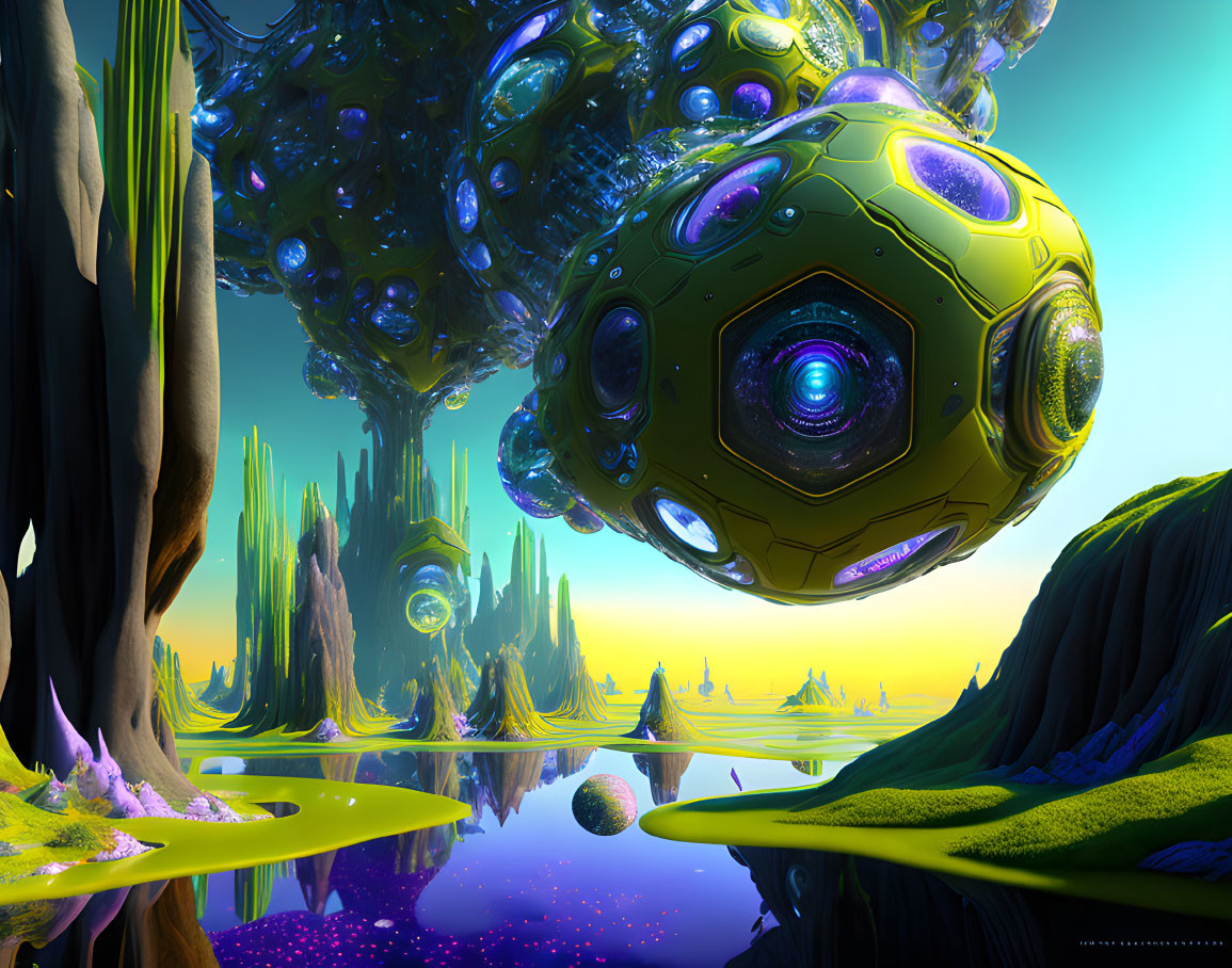 Alien landscape with floating spheres and futuristic structures