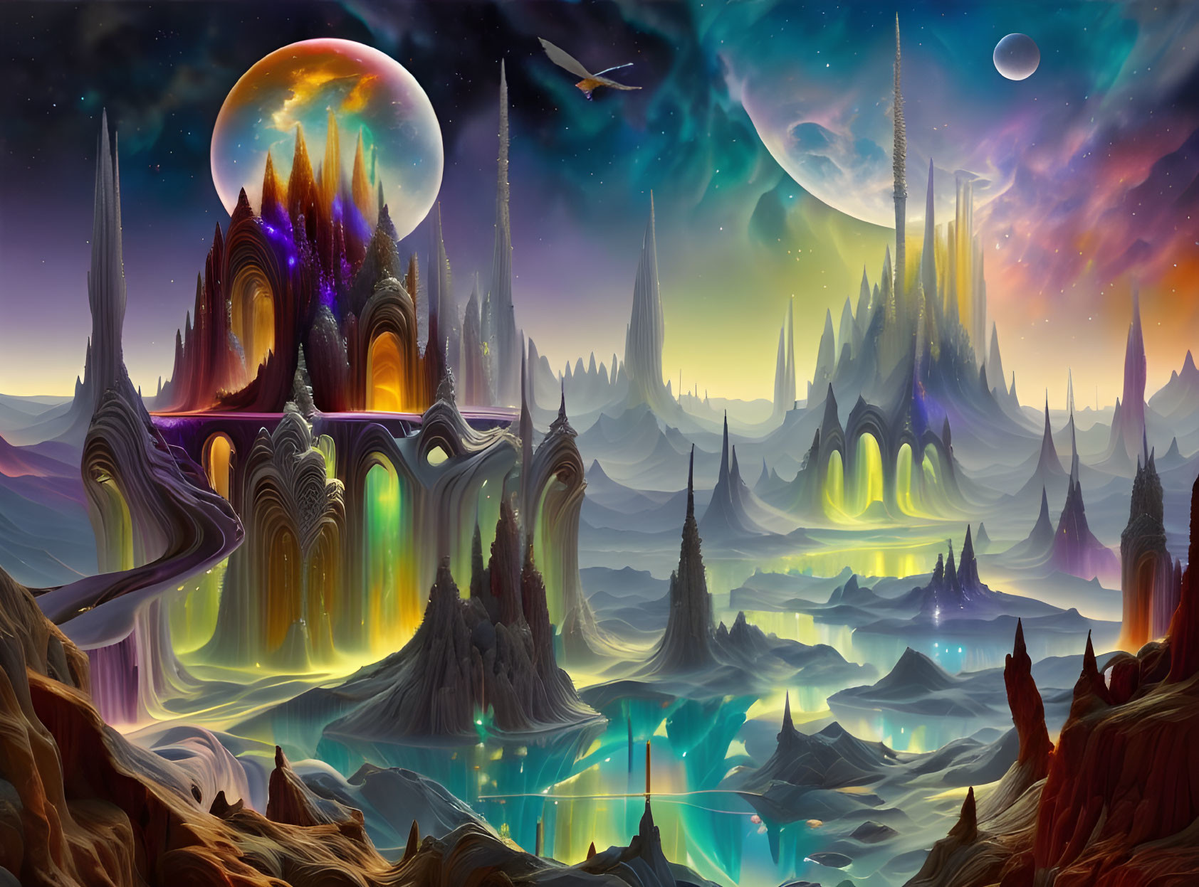 Surreal Landscape with Towering Spires and Luminous Planet