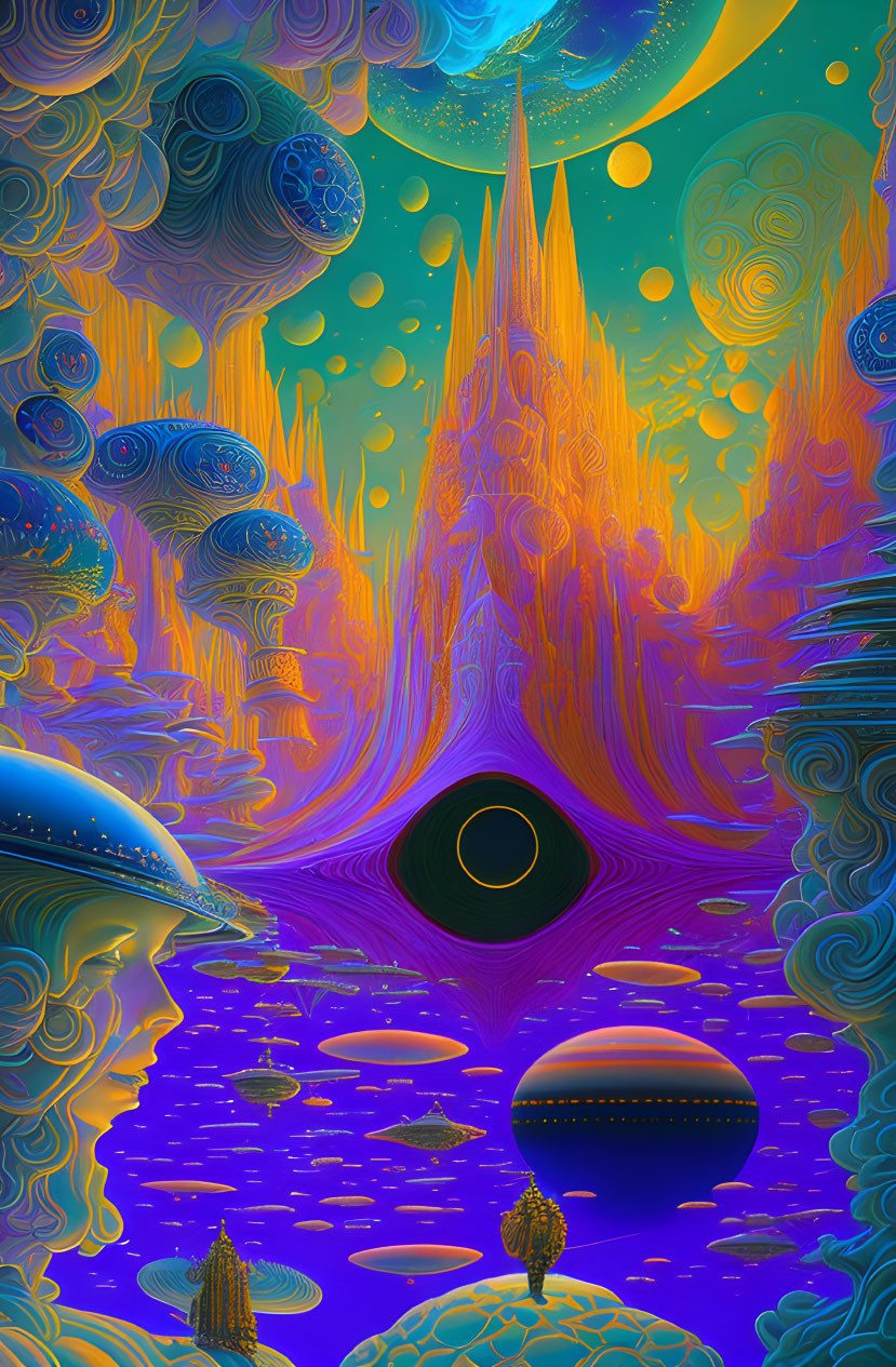 Colorful Psychedelic Landscape with Eye-Shaped Portal and Figure