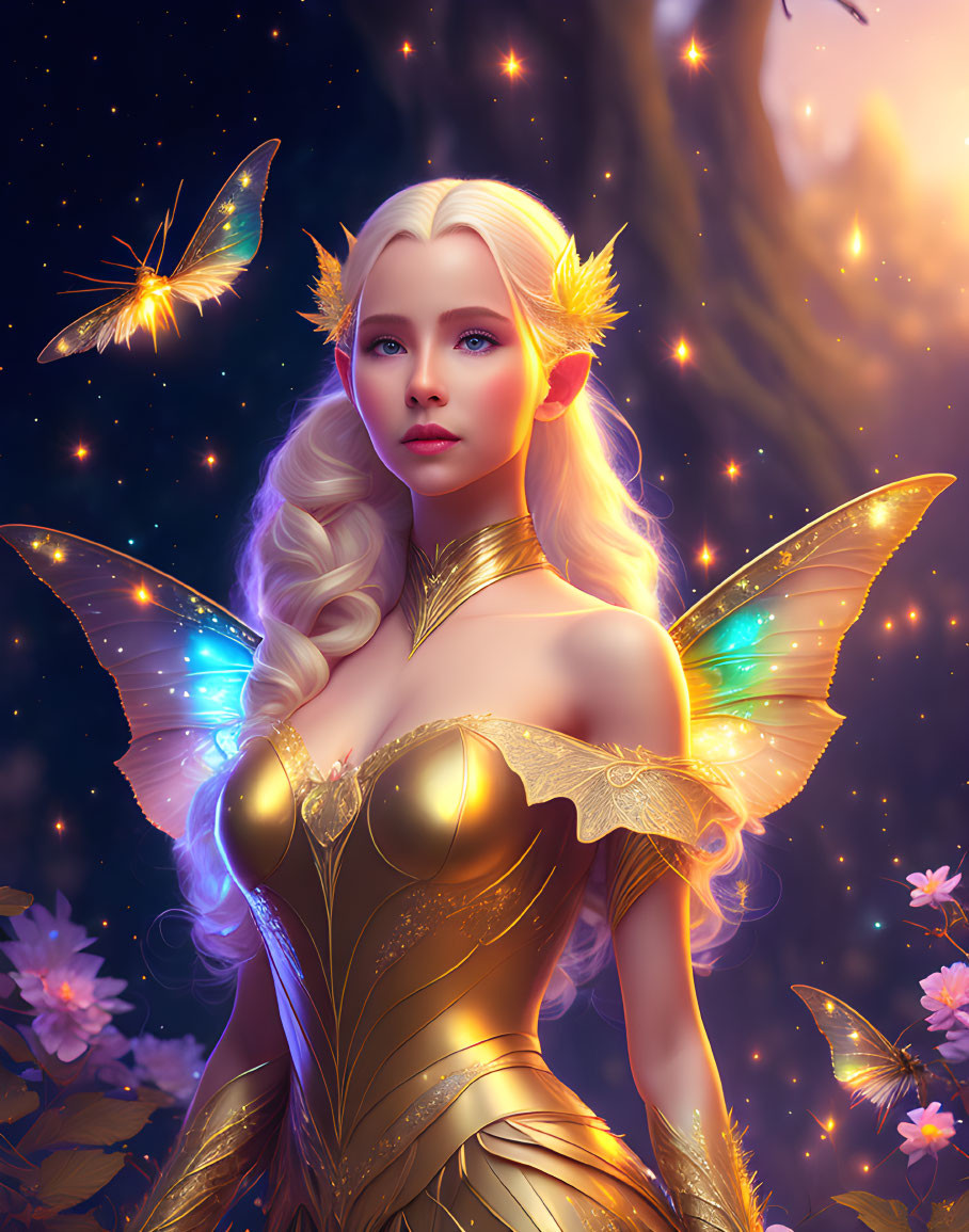 Fantasy fairy with luminous wings and golden attire in starry setting