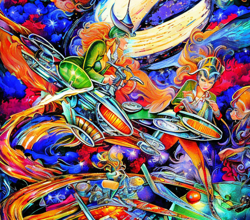 Fantasy artwork with two characters, instruments, crescent moon, space elements