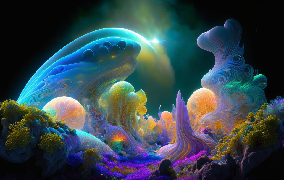 Surreal digital art: iridescent landforms under starlit sky