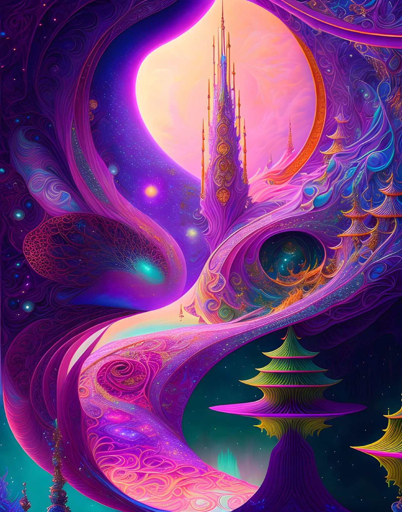 Vibrant Fantastical Landscape with Castle and Stars