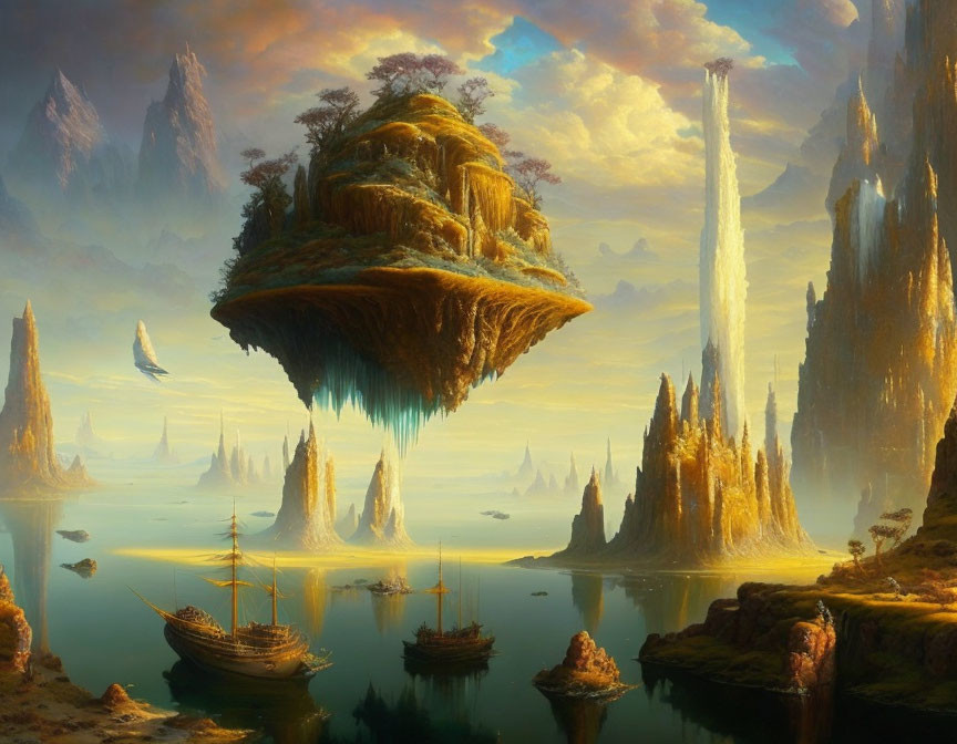 Fantasy landscape with floating islands and sailing ships