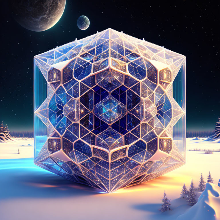 Intricate dodecahedron sculpture in snowy night landscape