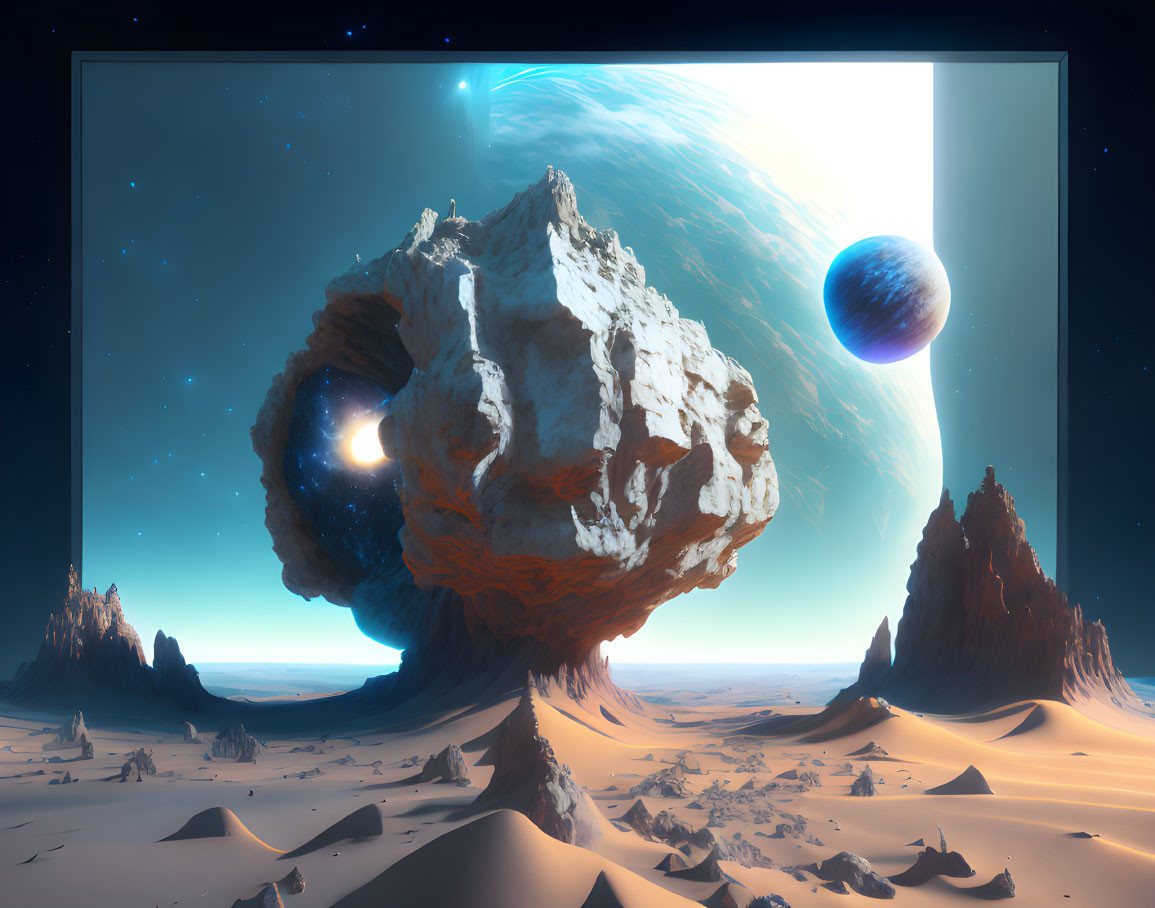 Sci-fi desert landscape with levitating rock and planetary rings