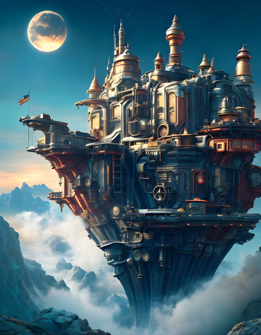 Steampunk city with metallic structures against moonlit sky