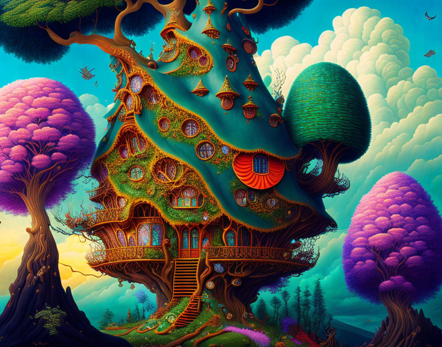 Colorful whimsical treehouse illustration in fluffy tree setting