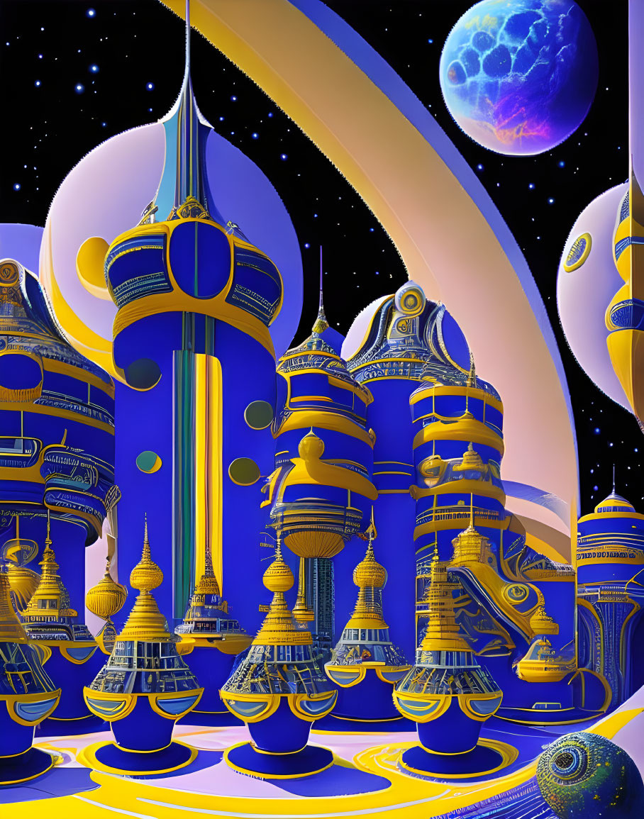 Futuristic cityscape with blue and gold towers under starry sky