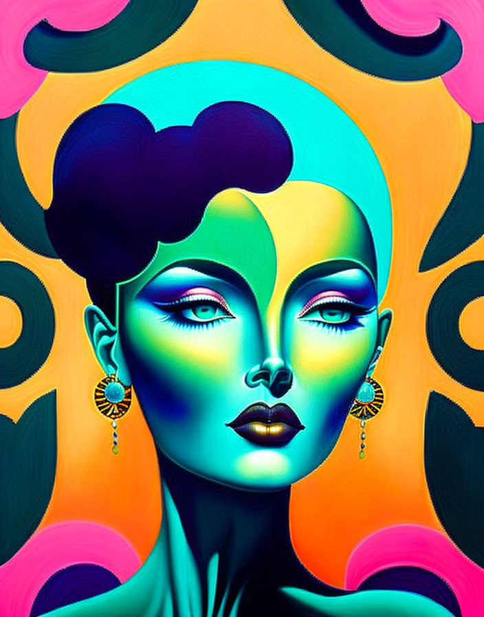 Vibrant digital portrait of a stylized woman with blue skin and large hoop earrings