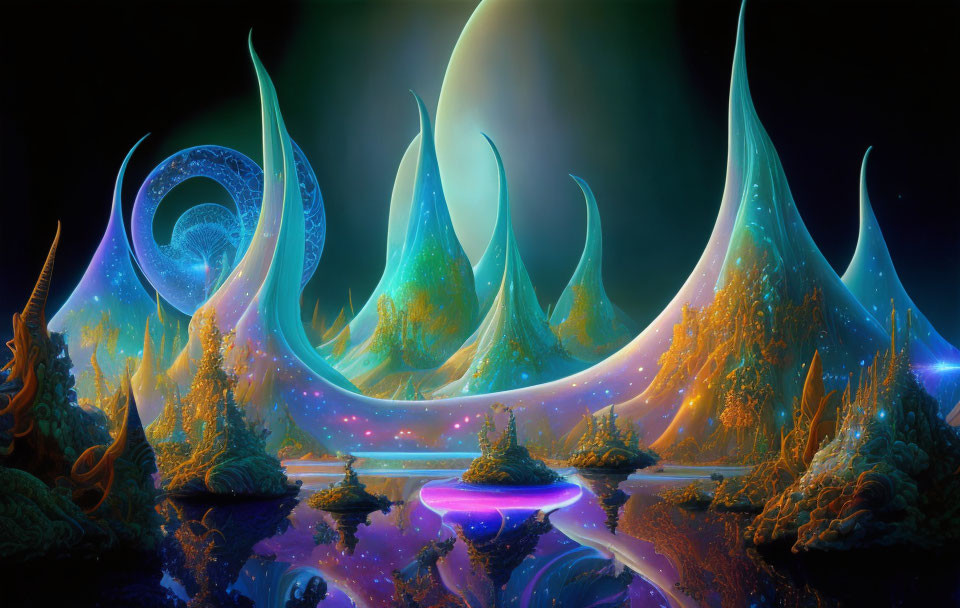 Surreal landscape with luminescent trees and spiraling structures