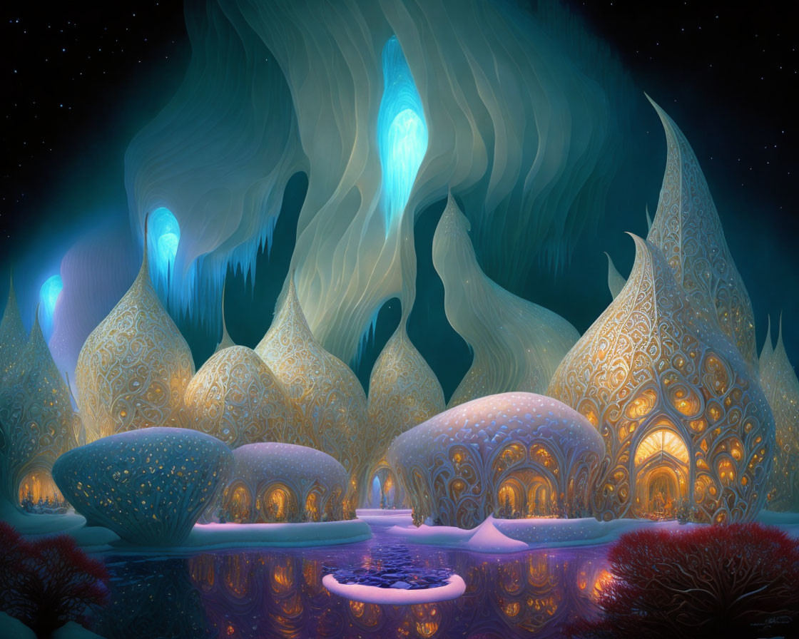 Fantastical nighttime landscape with glowing mushroom-like structures by tranquil water