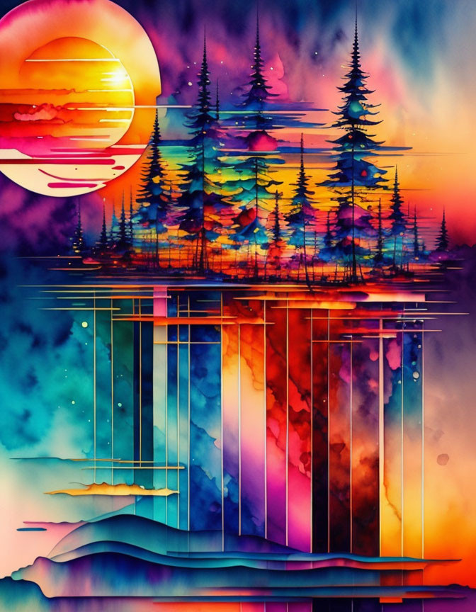 Colorful sunset painting with trees and geometric patterns in a dreamlike composition