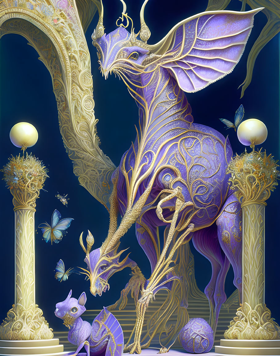 Golden and Purple Dragon with Lanterns, Butterflies, Mouse on Dark Blue Background