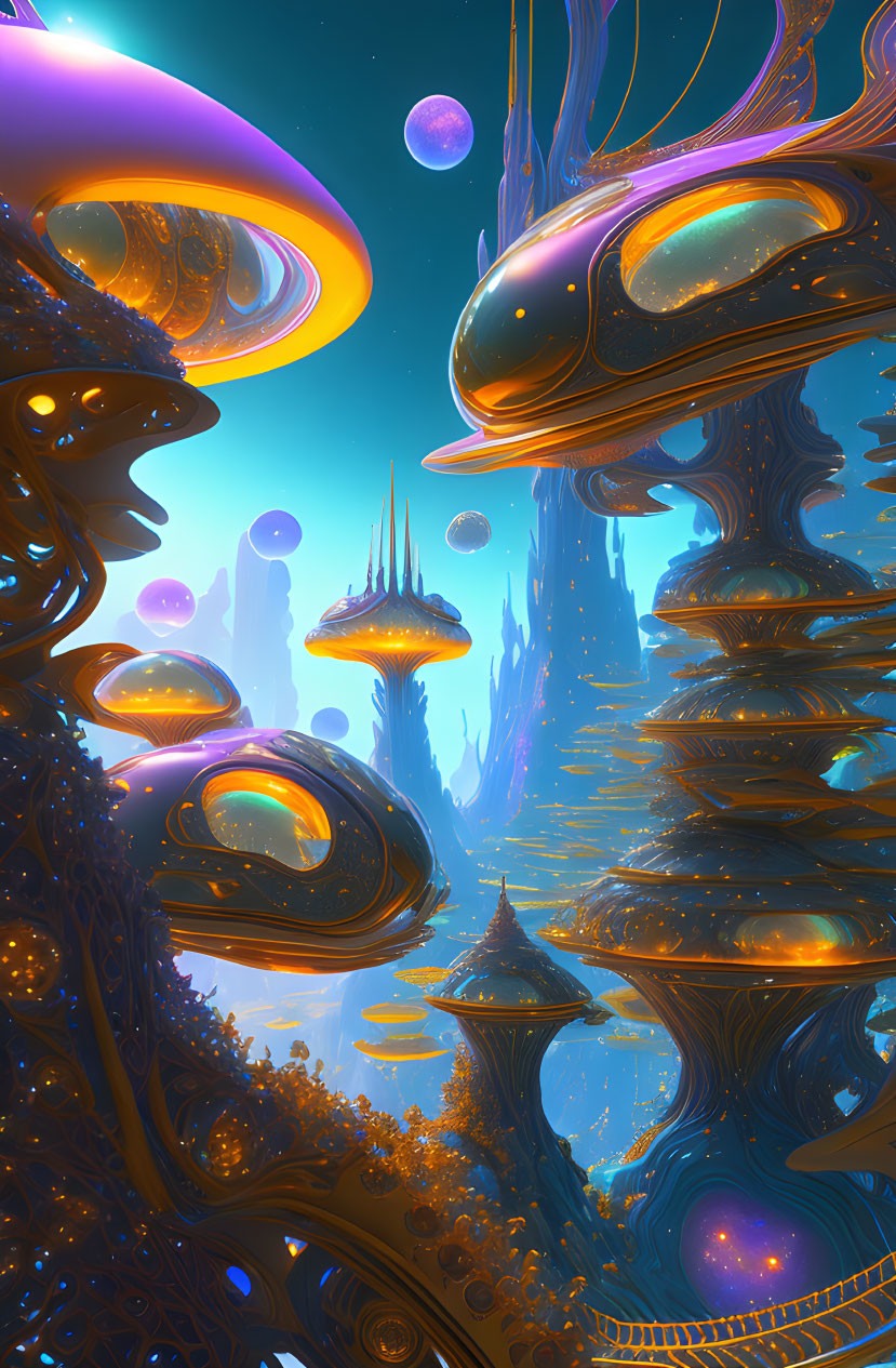 Futuristic sci-fi landscape with floating jellyfish-like creatures and alien structures