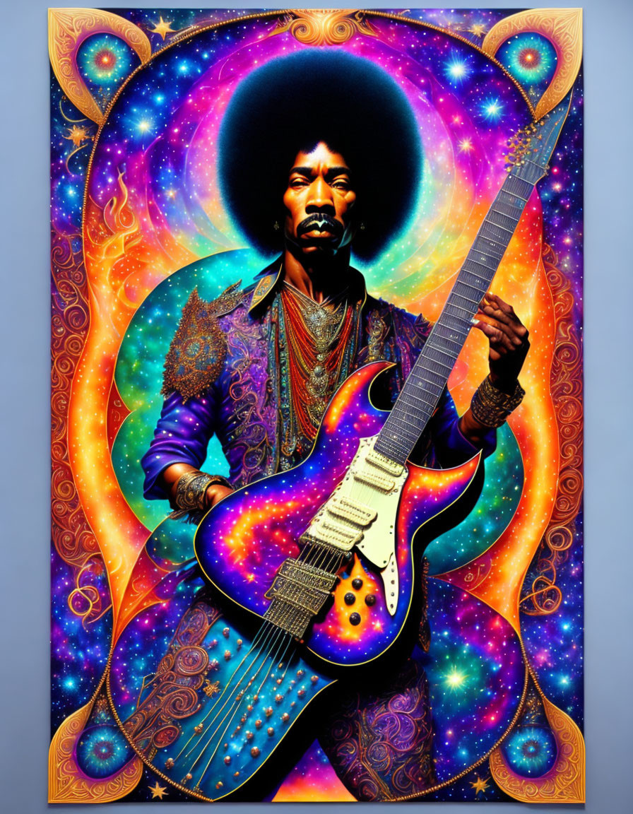 Colorful Illustration of Person with Ornate Guitar on Cosmic Background