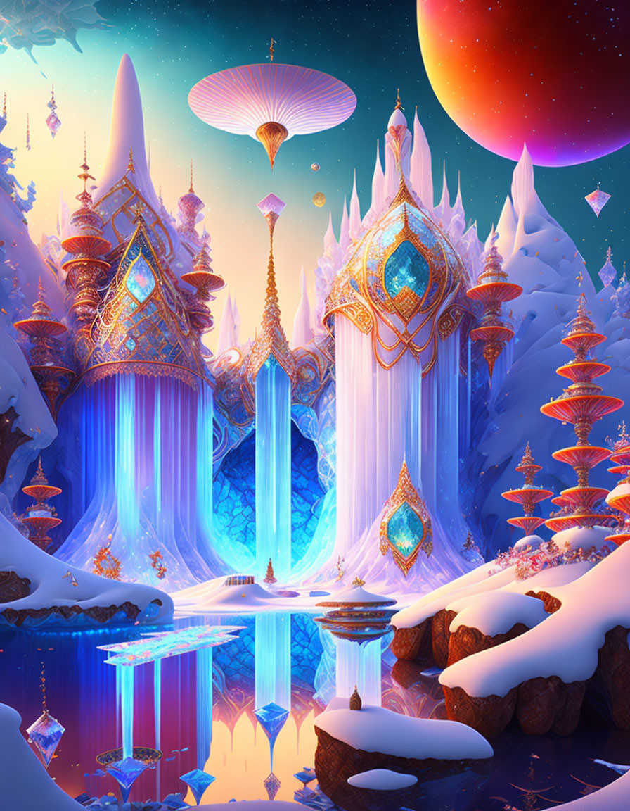 Majestic ice palace with towers in snowy landscape under giant planet